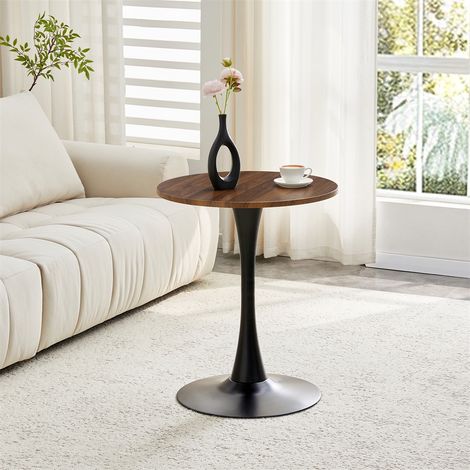 Table à manger ronde - 60x60x72cm - Petite table bistrot rétro en MDF effet noyer et pied central tulipe en métal - Noir (1/5)