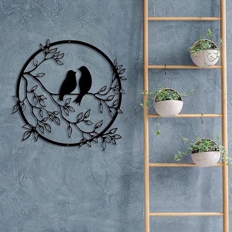 Décoration murale métallique oiseau sur branche, silhouette artistique 30x30 cm, noir, pour salon, suspension murale (lot de 1) (1/5)
