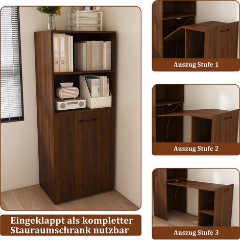 Bureau extensible avec armoire de rangement, bureau pliant gain de place avec étagères réglables et plateau extensible, noyer foncé, pour chambre et bureau (bureau de travail) (1/5)