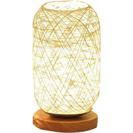 Lampe de chevet en cordon en rotin et support en bois (Beige)