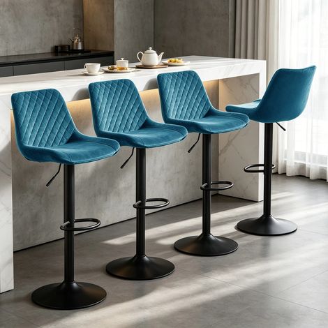Bar Stools Gas Lift Stools Velvet Breakfast Kitchen Club Cafe Swivel Chairs,4Pcs Teal