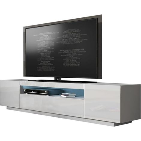 Dusine – Meuble TV KUSH blanc mat 200 cm – 2 placards – Finitions laquées brillantes – Rangement DVD et livres – Installation facile
