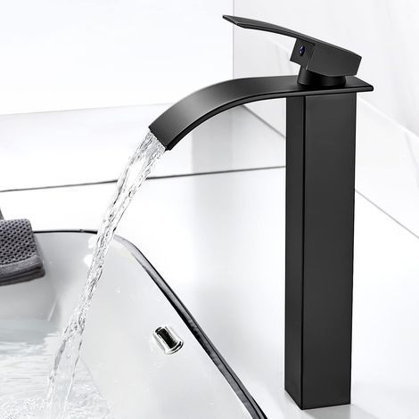 Waterfall Bathroom Faucet, Modern Black Waterfall Tall Basin Faucet, Waterfall Sink Faucet, Spout Height 237mm, Brass Square Faucet Hot and Cold Water Available G 3/8 (1/5)