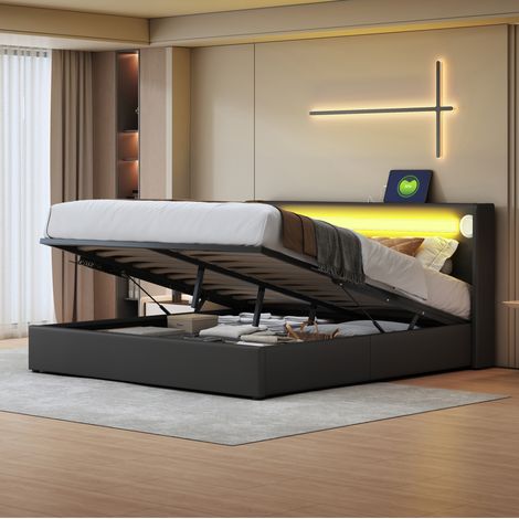 CHICFURN Cama con canapé 160x200 cm PU negro LED Bluetooth USB, sin colchón (1/5)