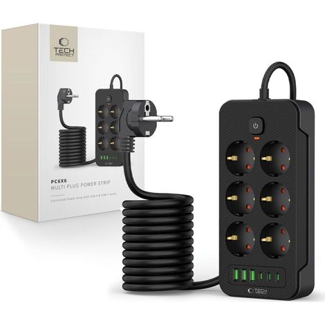 Multipresa Tech-protect PC6X6 con 3 porte USB, 3 porte Type-C e 6 prese, 200 cm, nera.