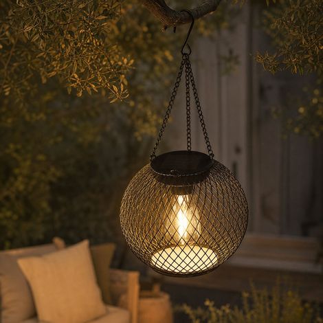 Lanterne Solaire Métal Noir Rétro, Suspension Extérieure Jardin Cour, Lumière LED Ambiance Décorative Étanche pour Arbre Terrasse (1/4)