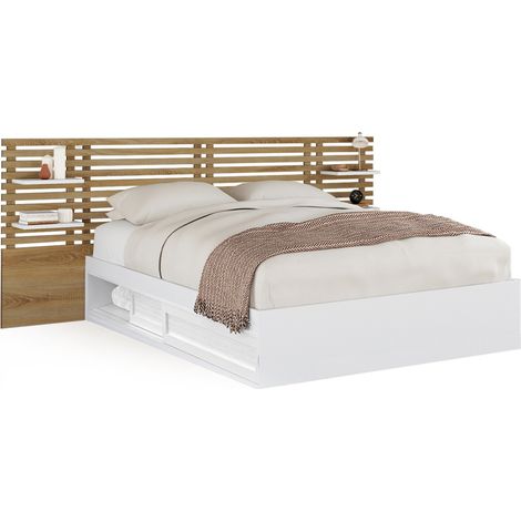 Idmarket – Lit double avec rangements 140 x 190 cm – Tête de lit lattes effet bois – 2 tiroirs sous sommier – Blanc et bois (1/5)