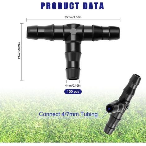 100 Stück 4/7 mm Kunststoff-T-Stück-Schlauchverbinder, Schlauchverbinder mit Widerhaken für Gartenschläuche, T-Stück für Tropfbewässerung, für Gartenbewässerungssysteme, Rasen (1/3)