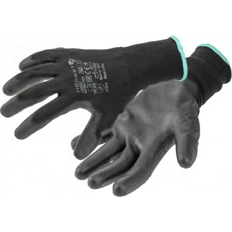 Högert Technik JAGST Polyurethan-beschichtete Handschuhe, Farbe schwarz, Größe 9, 12 Paar/Packung, abriebfest und flexibel, ideal für präzise Montagearbeiten.