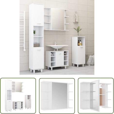 The Living Store Ensemble de meubles de salle de bain 4pcs Blanc Bois ingénierie - Meuble De Salle De Bain - Ensemble Meuble Salle De Bain - Rangement Salle De Bain - Armoire Salle De Bain - Miroir Sa (1/5)