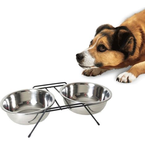 Gamelle Double Pour Chien 14 Cm Avec Porte Nourriture Eau Acier (1/3)