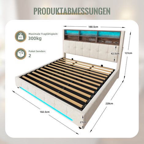 Lit en velours 180x200 cm avec tête de lit multifonction : 6 compartiments, poches latérales, USB-C, LED, vérin hydraulique et grand rangement sous le lit (1/5)
