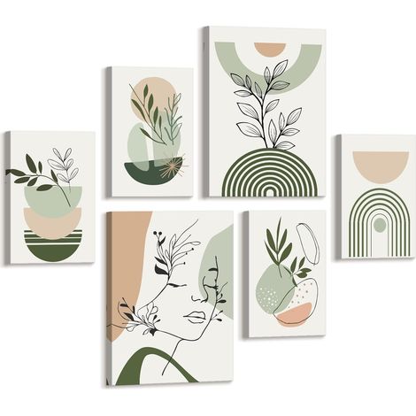6 Sets of Bohu Sauge Vert Géométrique Tableau Decoration Murale Encadre, Minimaliste Plantes Feuille Impression Sur Toile Fille Visage Silhouette Affiche Tableau Peinture Déco Mural pour Salon Chambre (1/5)