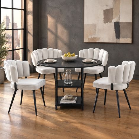 Set tavolo da pranzo rotondo 107 cm con 2 ripiani e 4 sedie, nero e grigio chiaro DESVIAE (1/5)