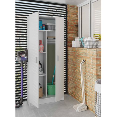 Dmora – Armoire à balais 2 portes – Étagère modulable 73x37x180 cm – Panneau mélaminé résistant aux chocs – Pour rangement buanderie et garage (1/5)