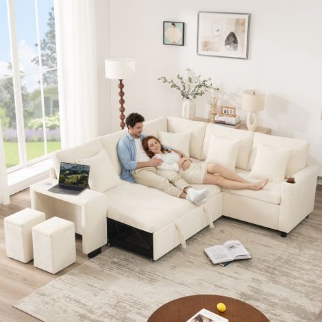 L-förmiges Umwandelbares Schlafsofa, Ecksofa mit Schlaffunktion und Stauraum, Getränkehalter, Breite Armlehnen, USB- und USB-C Anschlüsse, Inkl. Kissen, Ideal für Wohnzimmer und Heimkino, Beige