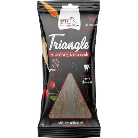 Syta Micha Masticables para perros Triángulos masticables 2 piezas/paquete - Triángulo de avestruz con cereza y semillas de chía 2 piezas.
