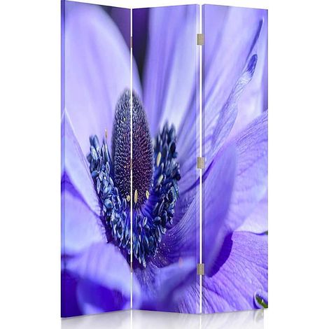 Paravent Déco 3 Volets Motif Fleur Bleu-Violet Élégant - 110 x 180 cm - 1 face déco, 1 face noir