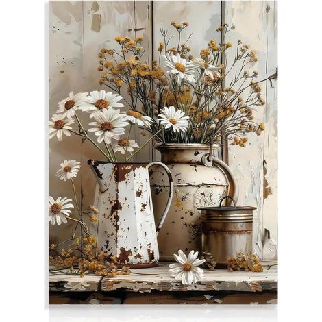 Rustikales Gänseblümchen Vintage Leinwand Bild Badezimmer Dekor 30x40 cm (1/5)