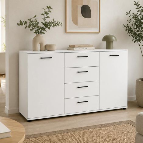 Buffet étroit blanc 2 portes 4 tiroirs ALVA (1/5)