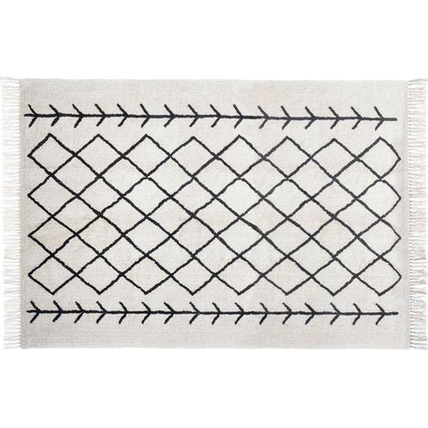 Tapis en coton à franges - Noir et blanc - 120 x 170 cm - Livraison gratuite (1/5)