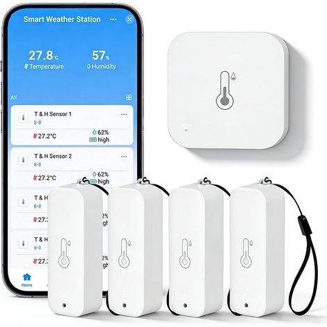 Thermomètre hygromètre WiFi intérieur extérieur : capteur intelligent de température et d'humidité avec notification d'application et stockage de données, portée de 150 m, 4 (1/5)