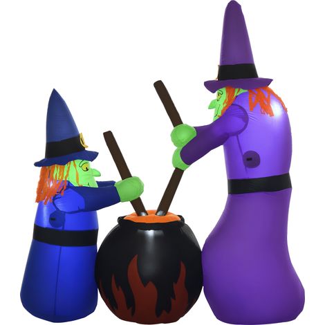 HOMCOM Aufblasbare Hexen Hexenkessel Figur Luftfigur Halloween Deko mit LED Beleuchtung, Polyester, 170x60x180cm (1/5)