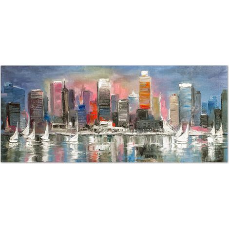 Lupia - Quadro moderno Stampa su Tela CANVAS WORLD 52x122 cm SKYSCRAPERS AND SAILS, skyline grattacieli, per soggiorno, capezzale camera da letto, ufficio (1/4)