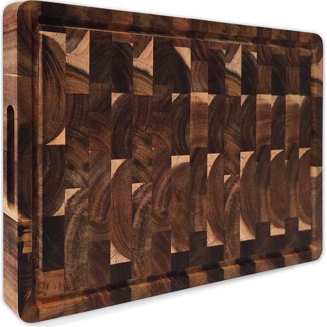 Planche à Découper Acacia Premium 40x30x2,5 cm - Bois de Bout Naturel,Double Face avec Rainure à Jus et Poignées - Fabrication Responsable et Matériaux Durables (1/5)
