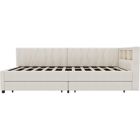 Cama banco 90 x 200 cm en lino beige con LED, USB-C, almacenaje y 2 cajones HOMVRA (1/5)
