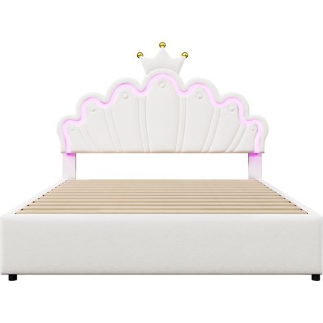 Cama capitoné 140 x 200 cm con LED, 2 cajones, cabecero ajustable, blanco (1/5)
