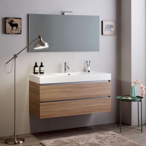 Mueble De Baño Suspendido 120Cm 2 Cajones Roble Natural, Lavabo Y Espejo 120X60 Vittoria