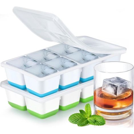 Bandeja grande para cubitos de hielo con tapa，2 moldes de silicona para cubitos de hielo，cerveza y comida para bebés (azul + vegetales) (1/5)