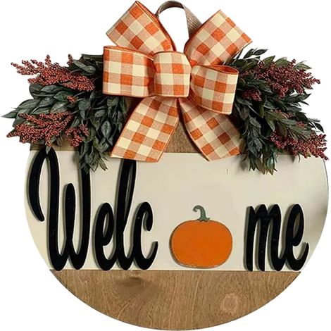 Rondel Décor Porte - Décoration Murale Automne Halloween Thanksgiving - Plaque Bois Ronde Accrochage Porte - 1 Pièce (1/5)