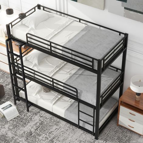 Cadre de lit métallique 90x200 cm, lit superposé triple en fer pour enfants, ados et adultes, noir, structure robuste, 3 couchages (1/5)