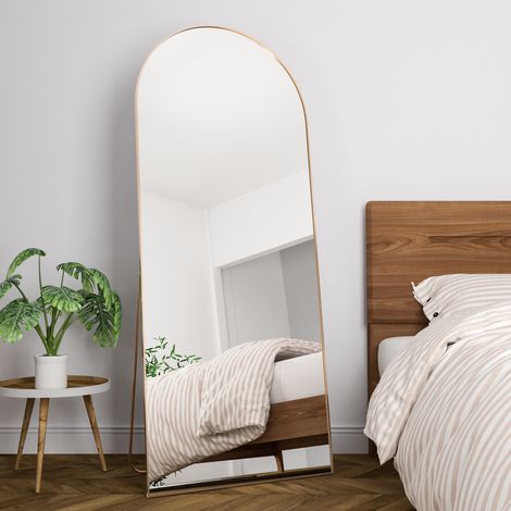 Cassilando – Miroir sur pied arqué 165 x 60 cm – Verre incassable – Support triangulaire – Installation murale ou autoportante – Couleur doré
