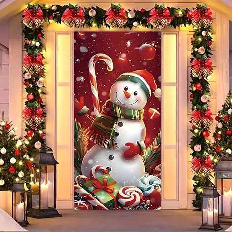 Rideau de porte de Noël 2026, bannière extérieure avec fond photo Père Noël et chien, tissu à suspendre - 90 x 180 cm (rainure + ruban) - 23
