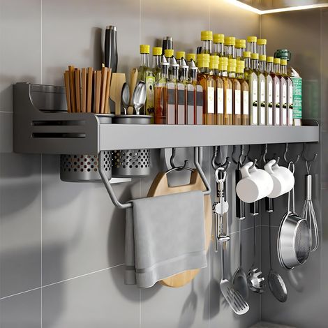 Wall Mounted Spice Rack, Hanging Storage Shelves, Kitchen Wall Shelf, Utensil Rack Organiser for Spice Jars and Seasoning Bottles, Gray, 40cm (1/5)