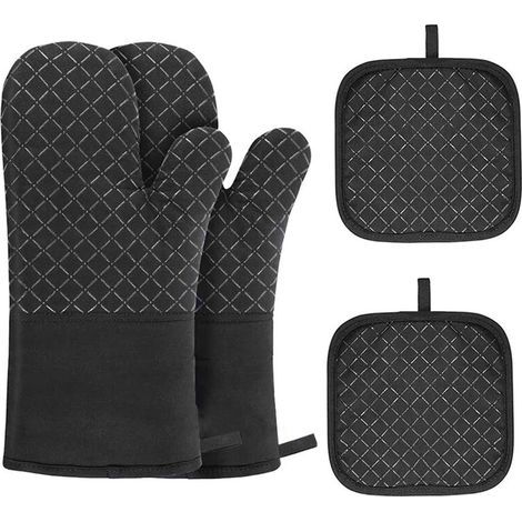 Guantes de horno, 4 unidades. Guantes de cocina con tapete antideslizante resistente al calor para barbacoa, cocina, repostería y microondas, con cepillo de silicona (negro). (1/4)