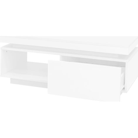 Table basse blanche en panneau mélaminé finition haute brillance avec LED et tiroir, 100x50x40,3 cm (1/5)