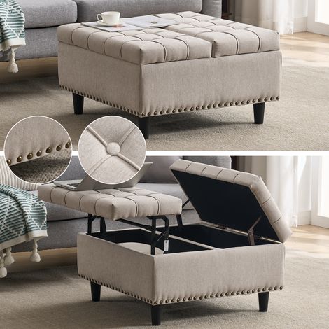 Ampia poltrona contenitore quadrata, panca sollevabile con vano portaoggetti, adatta per soggiorno, camera da letto, studio, contenitore imbottito (beige)