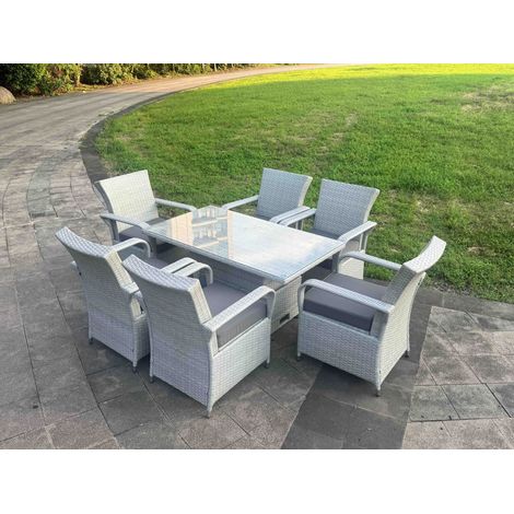 Fimous Light Grey Rattan Outdoor Garden furniture Set Height Adjustable Rising Lifting Table and 6 Chairs Set with Seat Cushion (1/5)