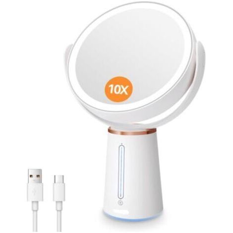 Miroir Maquillage Lumineux Grossissant 10X/1X, Double Face avec Eclaire Variable et Rotation 360°, Cosmétique de Table sur Pied Rechargeable 2500mAh pour Soin du Visage. (1/5)