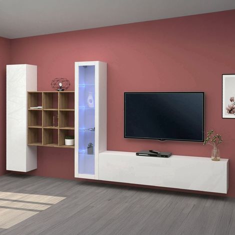 Dmora - Wohnzimmermöbel Dcolle, Wohnzimmer-Set TV-Möbel mit 3 Türen, Mehrzweck-Wohnmöbel mit Vitrine und LED-Licht, 100 % Made in Italy, cm 310x30h180, Hochglanz weiß und Ahorn (1/5)