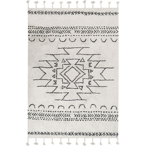 Tappeto cotone nero e bianco sporco 160 x 230 cm nappe e motivo geometrico Khouribga