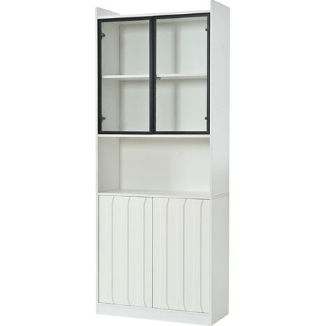 Vitrina LED 80x35x200 cm con puertas de cristal, 5 compartimentos y balda abierta, blanco MODENUIT (1/5)