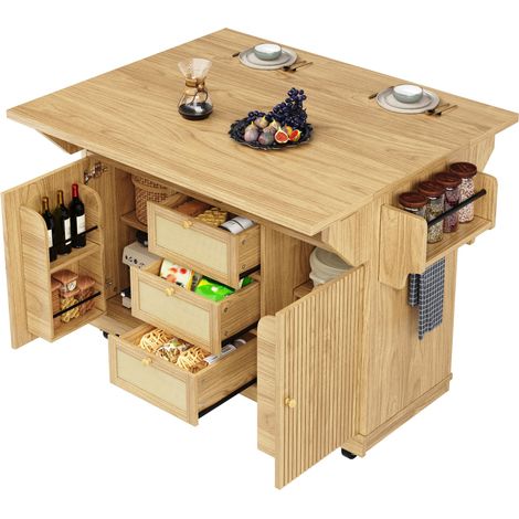 ELVMI Carrello da Cucina con Piani Ribaltabili, Cassetti in Rattan, Ripiani Regolabili e Portasciugamani, MDF, Legno Naturale (1/5)
