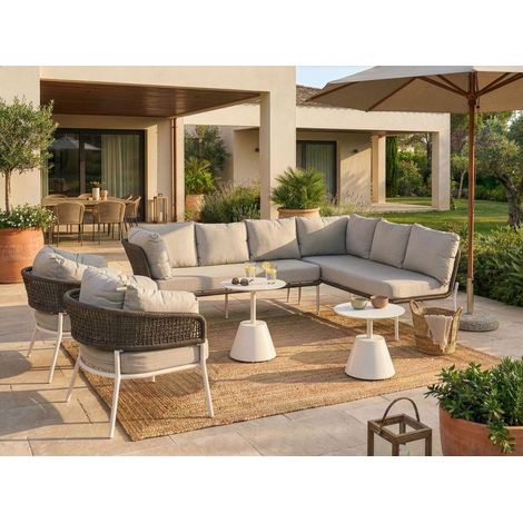 Conjunto de jardín de 7 plazas con sofá esquinero y sillones de estilo trenzado y 2 mesas de centro beige Robella (1/5)