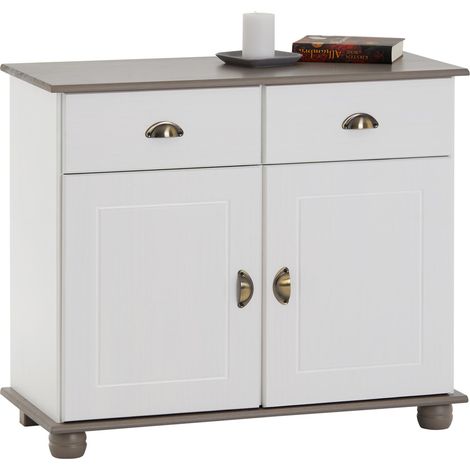 Idimex – Buffet en pin massif blanc/taupe – 2 portes battantes et 2 tiroirs – Dimensions 79x91x39cm – Poignées vintage en métal bronze (1/4)