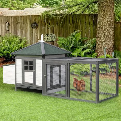 Poulailler pour poules naines en bois avec enclos 196 x 76 x 97 cm gris et blanc OKWISH (1/5)